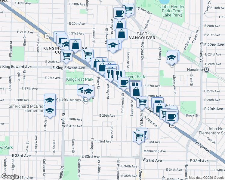map of restaurants, bars, coffee shops, grocery stores, and more near 4323 Miller Street in Vancouver