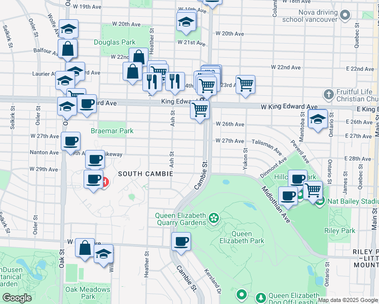 map of restaurants, bars, coffee shops, grocery stores, and more near 539 West 28th Avenue in Vancouver