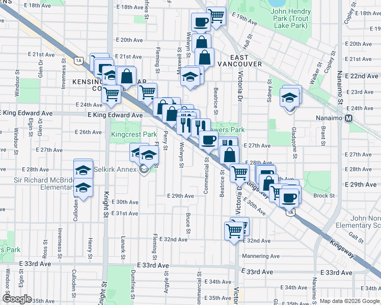 map of restaurants, bars, coffee shops, grocery stores, and more near 4323 Miller Street in Vancouver