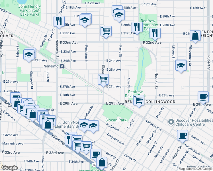 map of restaurants, bars, coffee shops, grocery stores, and more near in Vancouver