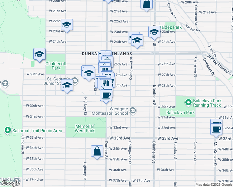 map of restaurants, bars, coffee shops, grocery stores, and more near 3565 West 29th Avenue in Vancouver