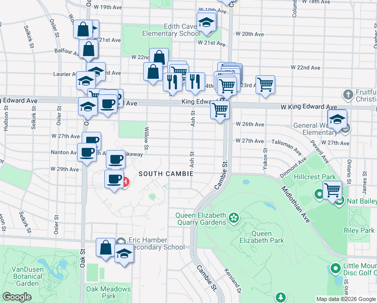 map of restaurants, bars, coffee shops, grocery stores, and more near 609 West 28th Avenue in Vancouver