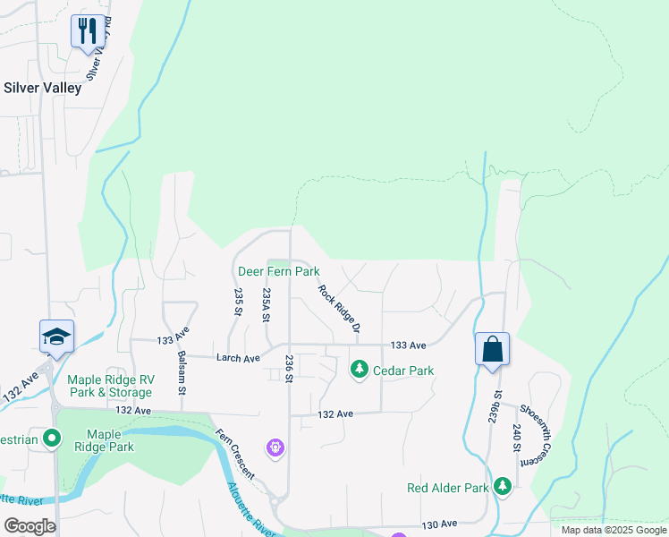 map of restaurants, bars, coffee shops, grocery stores, and more near 23662 Boulder Place in Maple Ridge