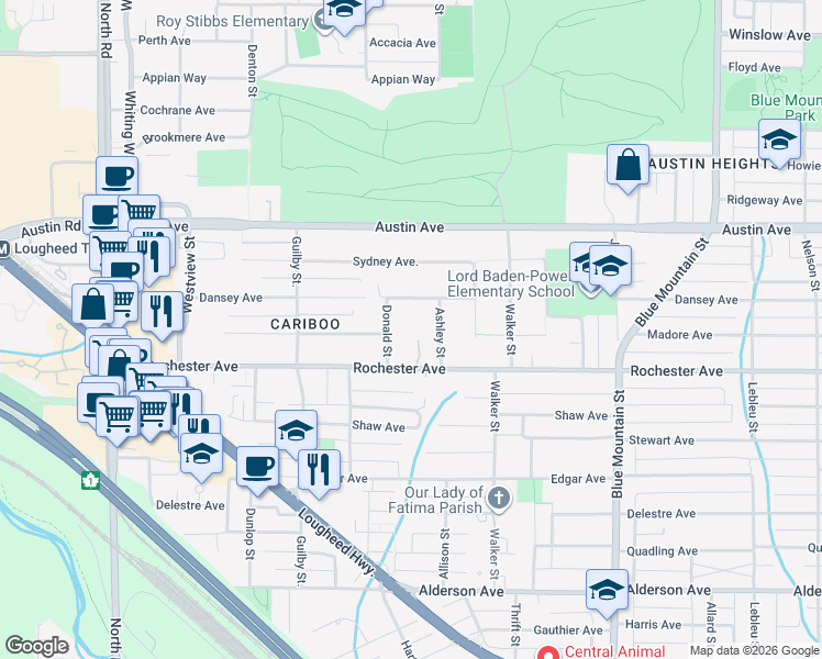 map of restaurants, bars, coffee shops, grocery stores, and more near 725 Rochester Avenue in Coquitlam