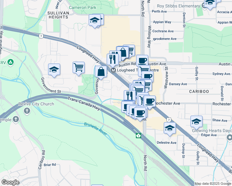 map of restaurants, bars, coffee shops, grocery stores, and more near in Burnaby