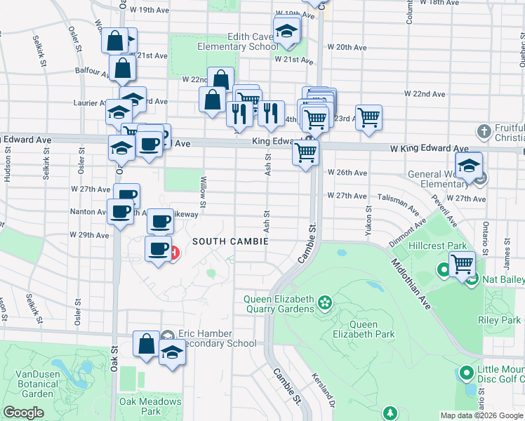 map of restaurants, bars, coffee shops, grocery stores, and more near 4377 Ash Street in Vancouver