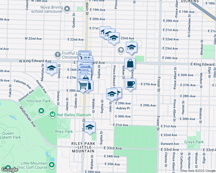 map of restaurants, bars, coffee shops, grocery stores, and more near 4321 John Street in Vancouver