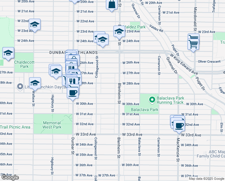 map of restaurants, bars, coffee shops, grocery stores, and more near 3333 West 29th Avenue in Vancouver