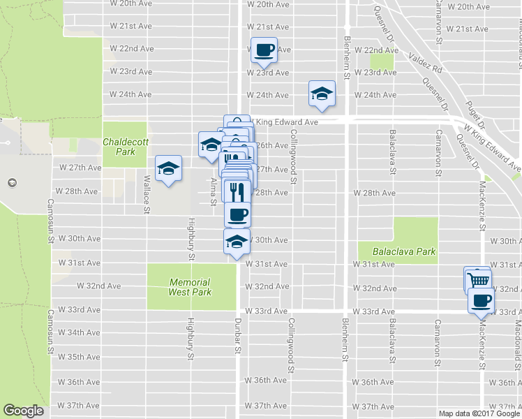 map of restaurants, bars, coffee shops, grocery stores, and more near 3565 West 29th Avenue in Vancouver