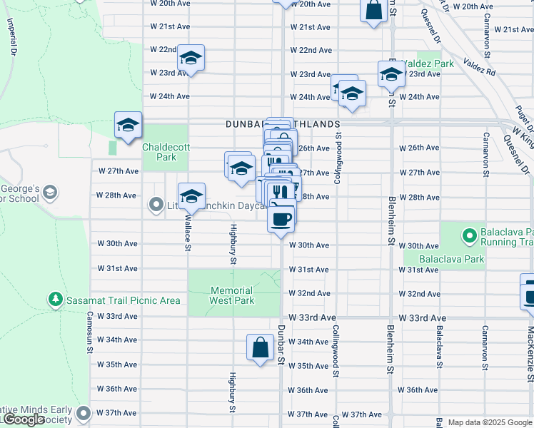 map of restaurants, bars, coffee shops, grocery stores, and more near 3657 West 29th Avenue in Vancouver
