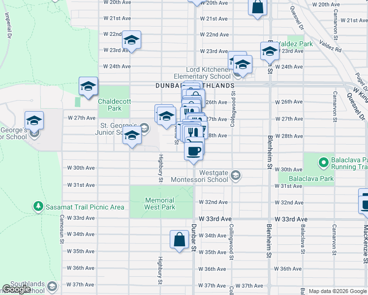 map of restaurants, bars, coffee shops, grocery stores, and more near 3657 West 29th Avenue in Vancouver