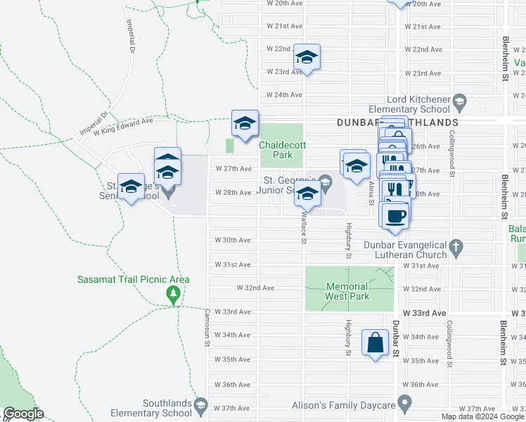 map of restaurants, bars, coffee shops, grocery stores, and more near 3995 West 29th Avenue in Vancouver