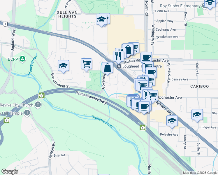 map of restaurants, bars, coffee shops, grocery stores, and more near 9620 Manchester Drive in Burnaby