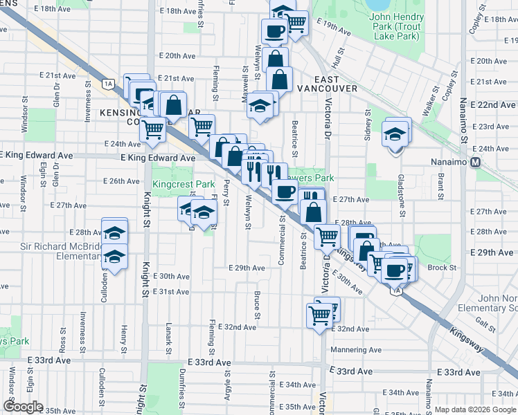 map of restaurants, bars, coffee shops, grocery stores, and more near 4313 Miller Street in Vancouver
