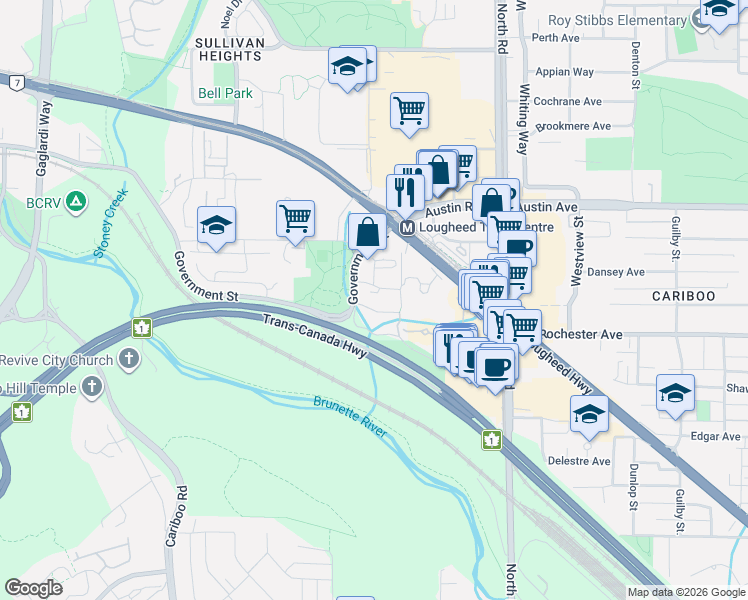 map of restaurants, bars, coffee shops, grocery stores, and more near 9584 Manchester Drive in Burnaby