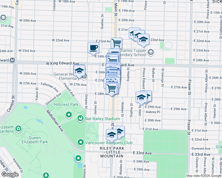 map of restaurants, bars, coffee shops, grocery stores, and more near in Vancouver