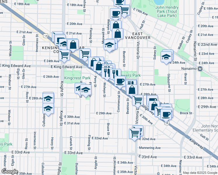 map of restaurants, bars, coffee shops, grocery stores, and more near 4313 Miller Street in Vancouver