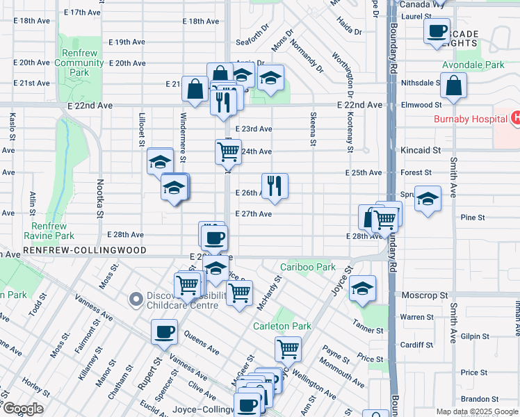map of restaurants, bars, coffee shops, grocery stores, and more near 3365 East 27th Avenue in Vancouver