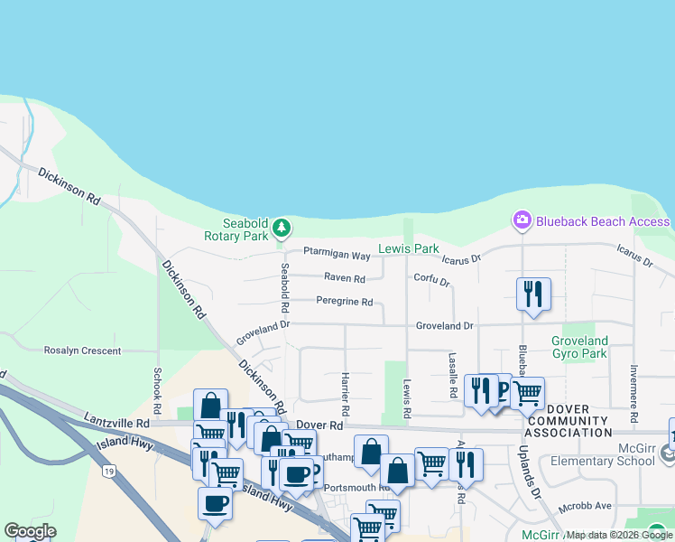 map of restaurants, bars, coffee shops, grocery stores, and more near 6512 Raven Road in Nanaimo