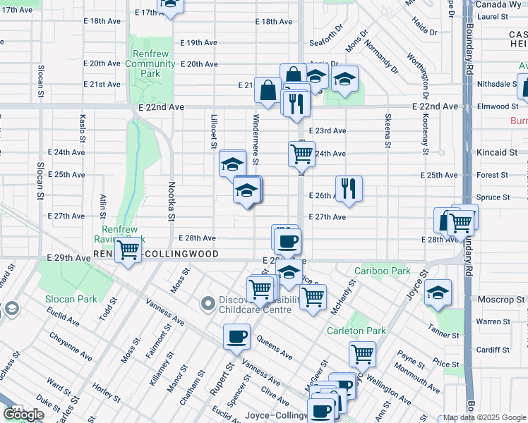 map of restaurants, bars, coffee shops, grocery stores, and more near 3223 East 27th Avenue in Vancouver