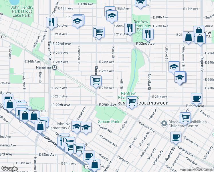 map of restaurants, bars, coffee shops, grocery stores, and more near 2765 East 27th Avenue in Vancouver