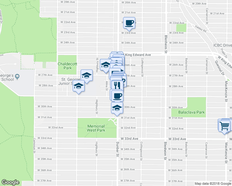 map of restaurants, bars, coffee shops, grocery stores, and more near 4467 Dunbar Street in Vancouver