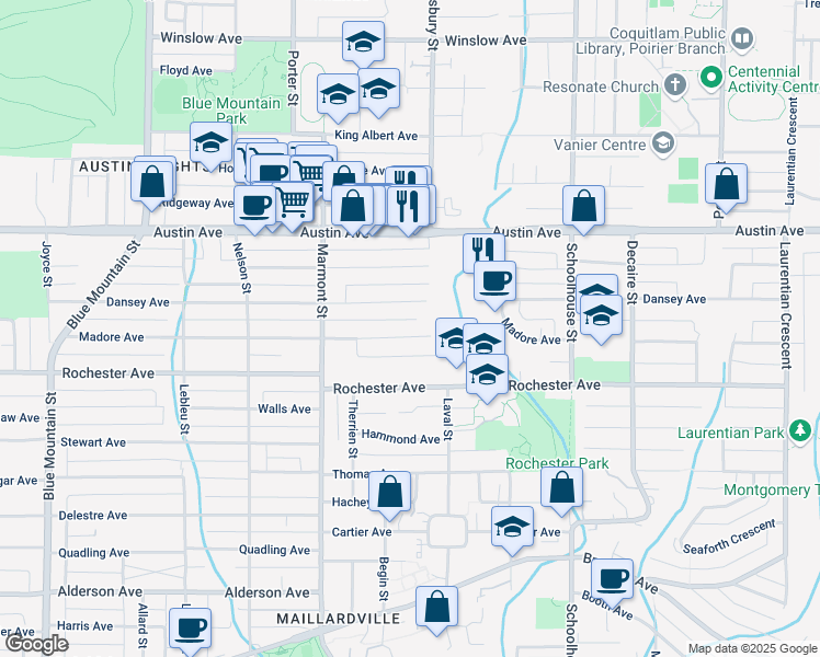 map of restaurants, bars, coffee shops, grocery stores, and more near 1153 Madore Avenue in Coquitlam