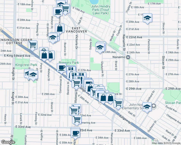 map of restaurants, bars, coffee shops, grocery stores, and more near 4320 Sidney Street in Vancouver