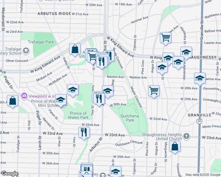 map of restaurants, bars, coffee shops, grocery stores, and more near 4425 Maple Street in Vancouver