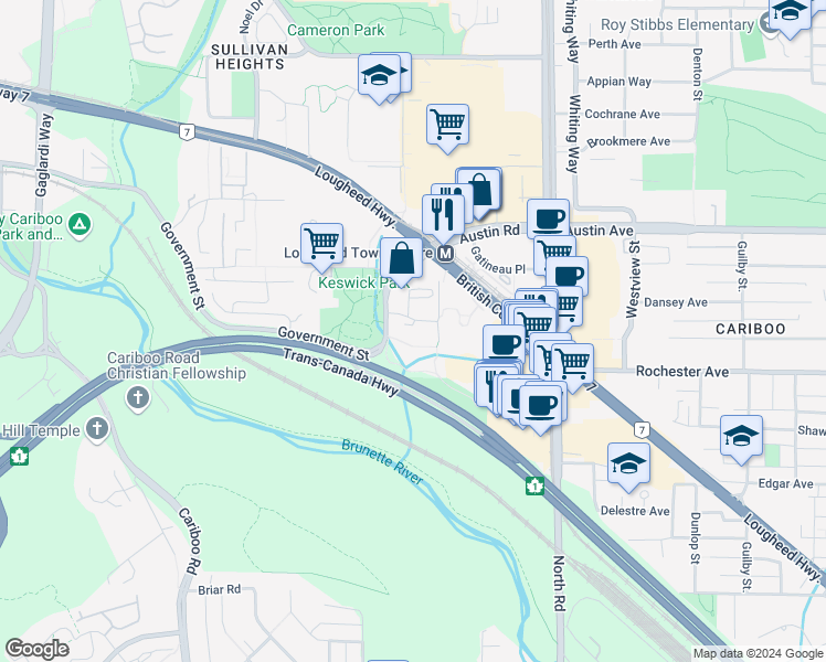 map of restaurants, bars, coffee shops, grocery stores, and more near in Burnaby