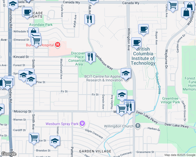 map of restaurants, bars, coffee shops, grocery stores, and more near 4306 Spruce Street in Burnaby