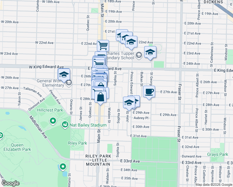 map of restaurants, bars, coffee shops, grocery stores, and more near 4306 Sophia Street in Vancouver
