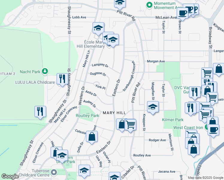 map of restaurants, bars, coffee shops, grocery stores, and more near 1640 Eastern Drive in Port Coquitlam