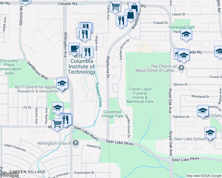 map of restaurants, bars, coffee shops, grocery stores, and more near 4253 Birchwood Crescent in Burnaby