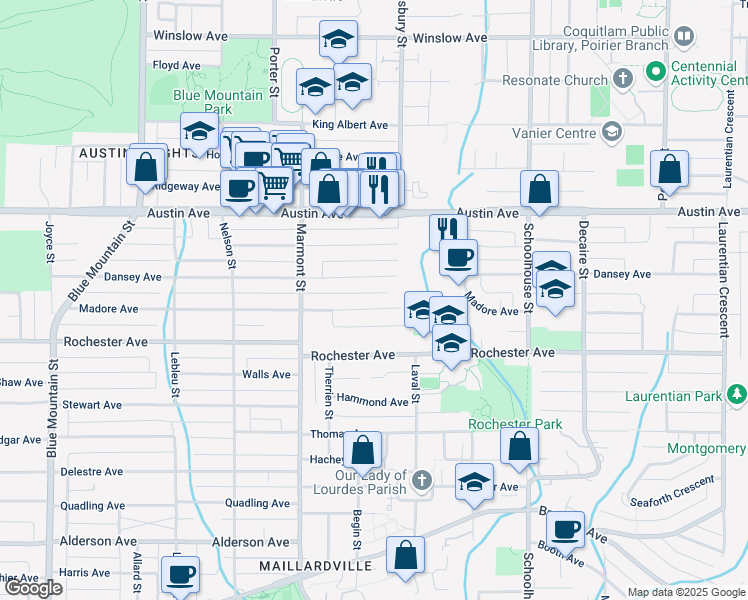 map of restaurants, bars, coffee shops, grocery stores, and more near 1149 Madore Avenue in Coquitlam