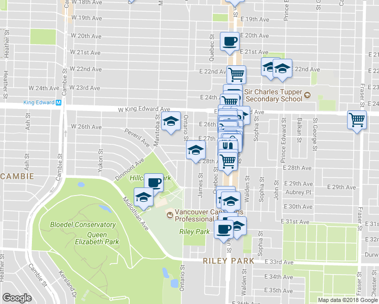 map of restaurants, bars, coffee shops, grocery stores, and more near 4364 Ontario Street in Vancouver