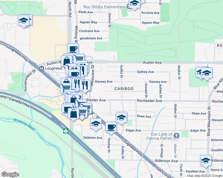 map of restaurants, bars, coffee shops, grocery stores, and more near 573 Madore Avenue in Coquitlam