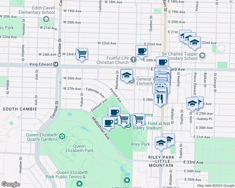 map of restaurants, bars, coffee shops, grocery stores, and more near 87 Peveril Avenue in Vancouver