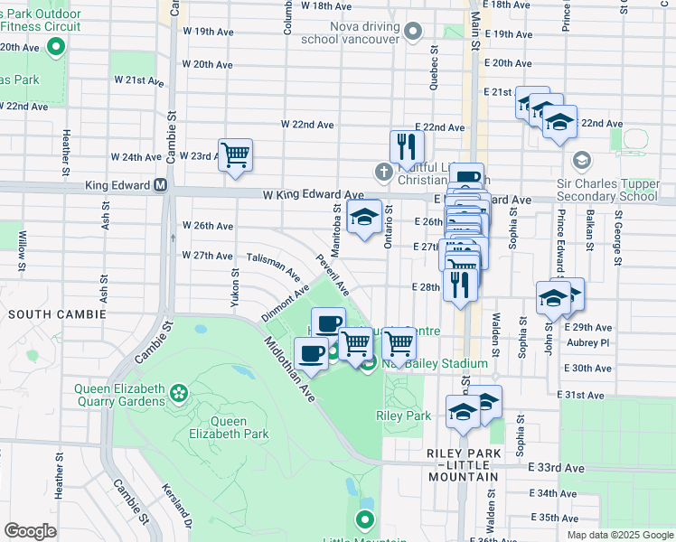 map of restaurants, bars, coffee shops, grocery stores, and more near 87 Peveril Avenue in Vancouver