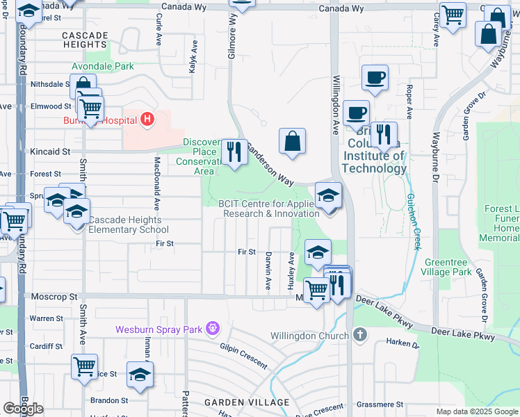 map of restaurants, bars, coffee shops, grocery stores, and more near 4306 Spruce Street in Burnaby