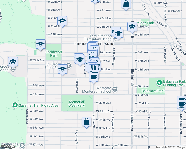 map of restaurants, bars, coffee shops, grocery stores, and more near 4465 Dunbar Street in Vancouver