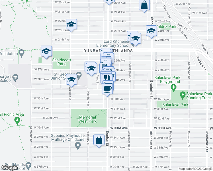 map of restaurants, bars, coffee shops, grocery stores, and more near 4465 Dunbar Street in Vancouver