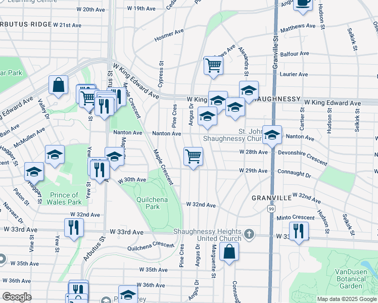 map of restaurants, bars, coffee shops, grocery stores, and more near 4409 Angus Drive in Vancouver