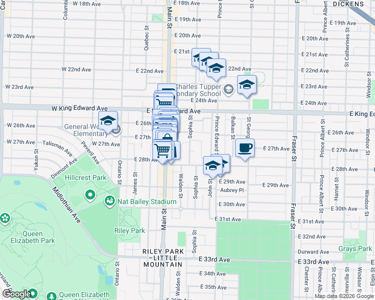 map of restaurants, bars, coffee shops, grocery stores, and more near 4275 Sophia Street in Vancouver
