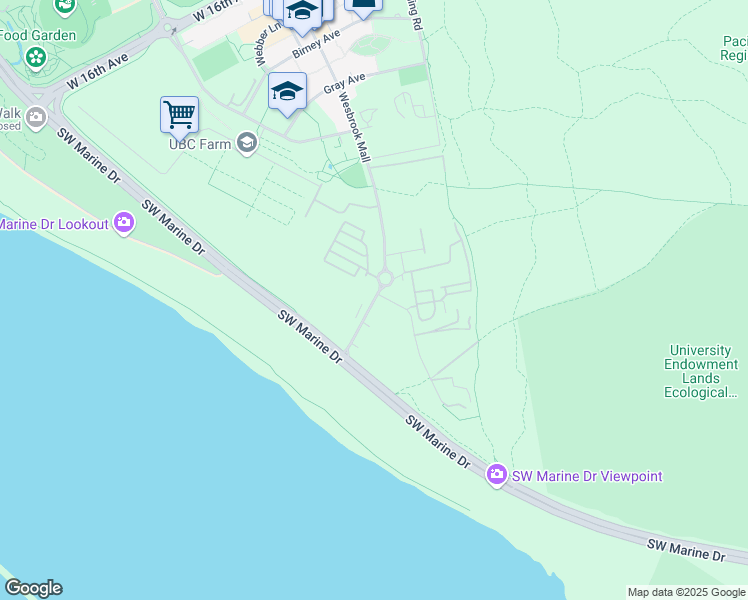 map of restaurants, bars, coffee shops, grocery stores, and more near 106 Wesbrook Mall in Vancouver