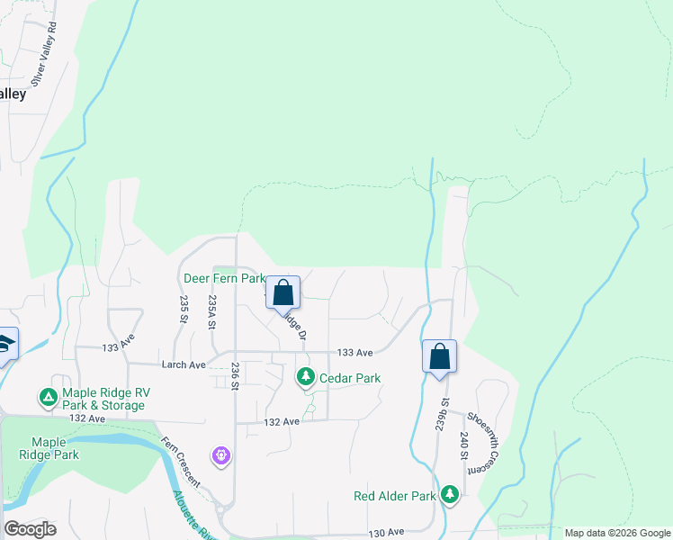 map of restaurants, bars, coffee shops, grocery stores, and more near 13420 237A Street in Maple Ridge