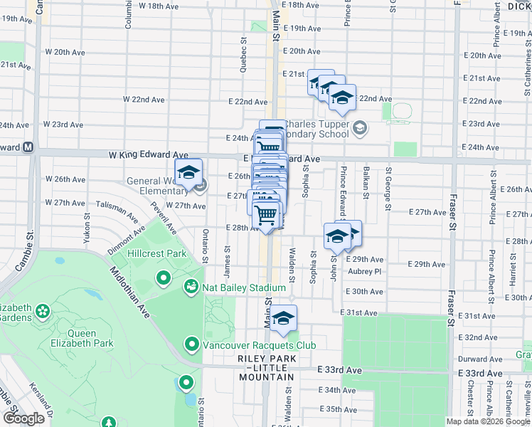 map of restaurants, bars, coffee shops, grocery stores, and more near 4355 Main Street in Vancouver