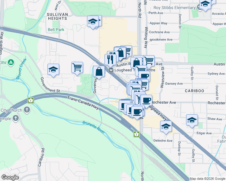 map of restaurants, bars, coffee shops, grocery stores, and more near 9857 Manchester Drive in Burnaby