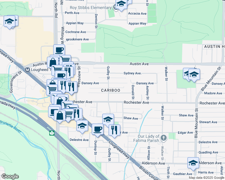 map of restaurants, bars, coffee shops, grocery stores, and more near 625 Madore Avenue in Coquitlam