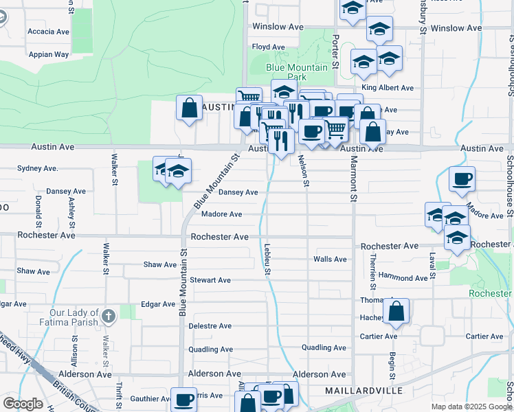 map of restaurants, bars, coffee shops, grocery stores, and more near 969 Madore Avenue in Coquitlam